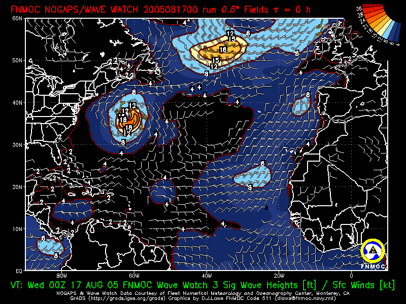 product: FNMOC Wave Watch 3 Sig Wave Heights [ft] ; Over Ocean Sfc Winds [kt], area: Atlantic, tau: 000 